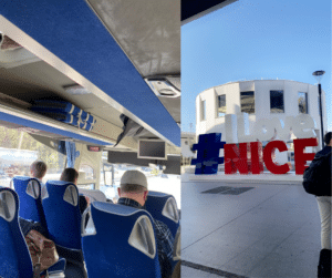 Collage med bilder fra busstur og flyplass