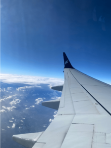 Bilde av en flyvinge i blåhimmel og landskap under
