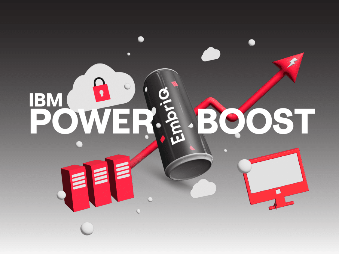 Grafikk av en energidrikk med Embriq-logo og teksten IBM Power Boost
